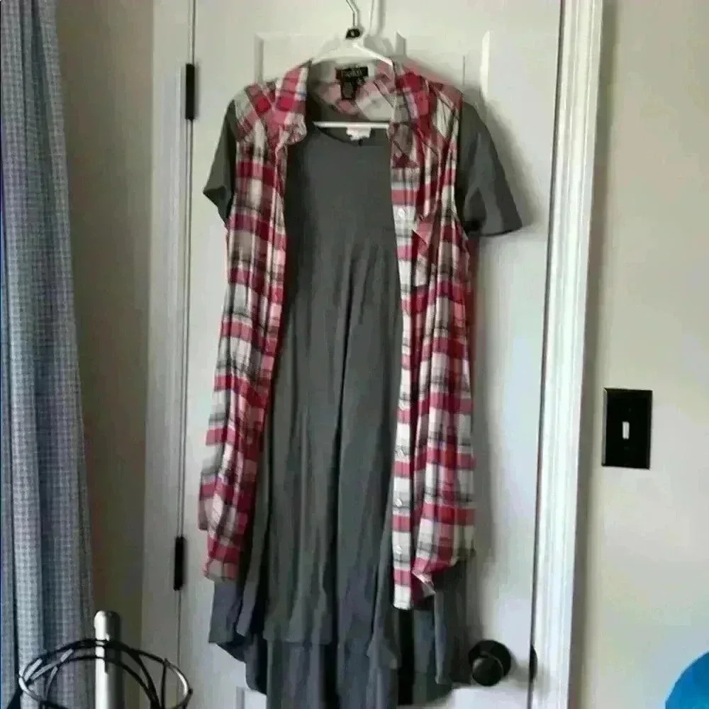 Plaid Long Vest AND LuLaRoe Carly Dress Set